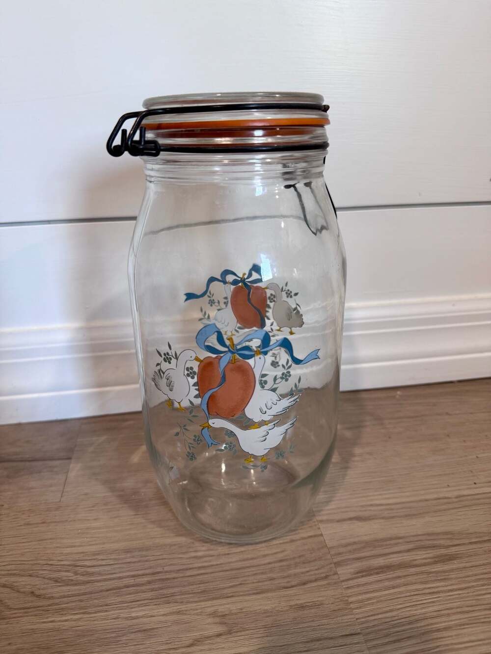 Vintage Arc France Glass Canning Storage Jar with Geese and Peaches Motif